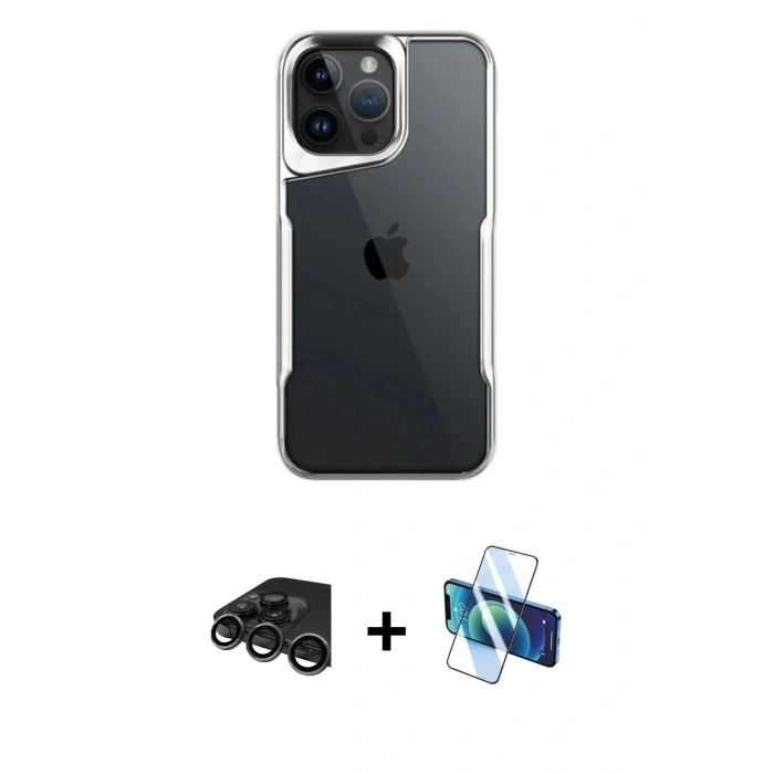 MARSİLYAN™- iPhone 15 Pro Max Kılıf Akış Çizgi Koleksiyonu - Siyah 3D Antistatik Seramik Nano Ekran Koruyucu + Raze Metal Kamera Lens - TMGI