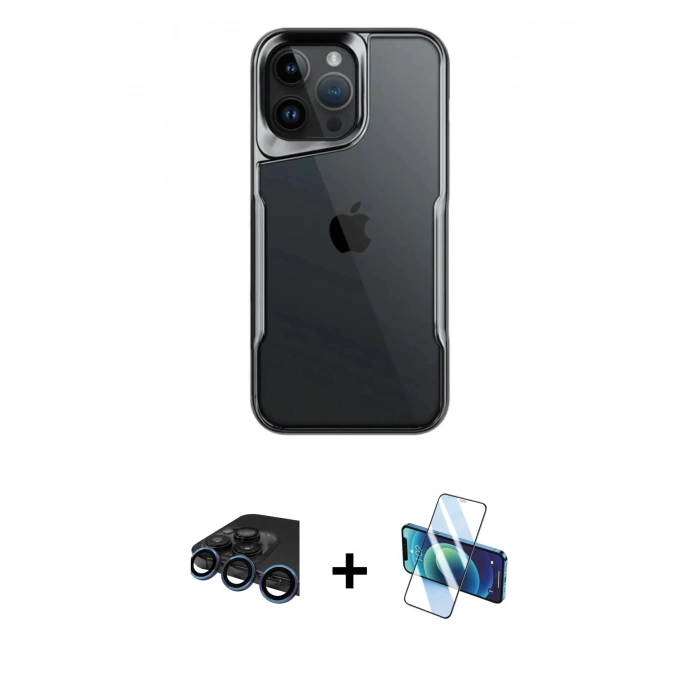 MARSİLYAN™- iPhone 15 Pro Max Kılıf Akış Çizgi Koleksiyonu - Siyah 3D Antistatik Seramik Nano Ekran Koruyucu + Raze Metal Kamera Lens - LT