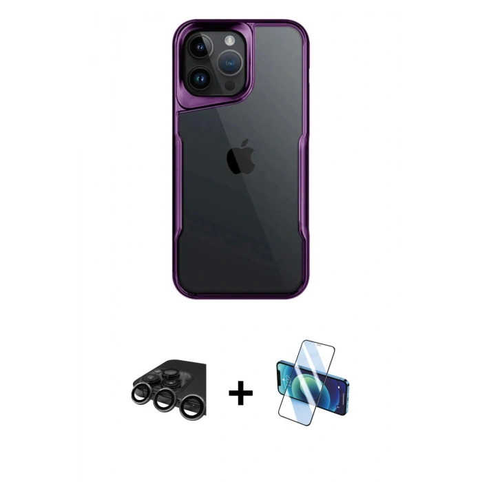 MARSİLYAN™- iPhone 15 Pro Max Kılıf Akış Çizgi Koleksiyonu - Siyah 3D Antistatik Seramik Nano Ekran Koruyucu + Raze Metal Kamera Lens - TMGI