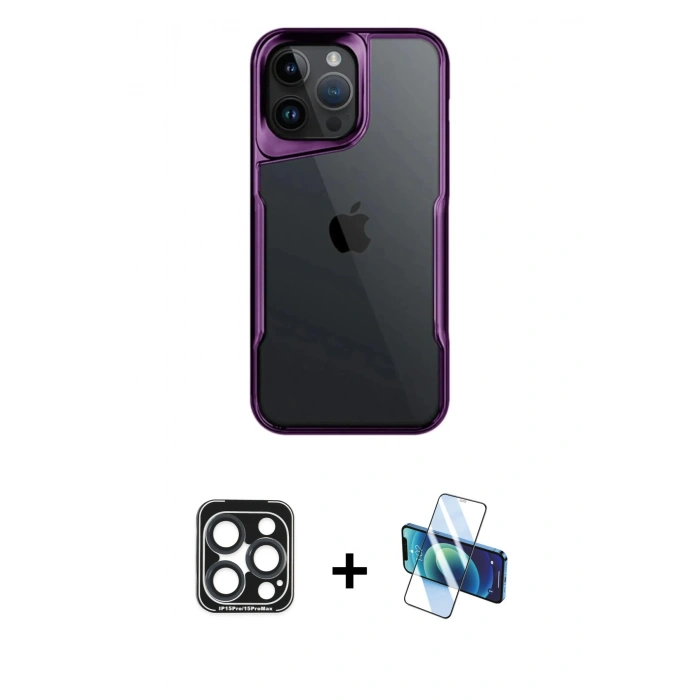 MARSİLYAN™- iPhone 15 Pro Max Kılıf Akış Çizgi Koleksiyonu - Siyah 3D Antistatik Seramik Nano Ekran Koruyucu + PVD Metal Kamera Lens - LT