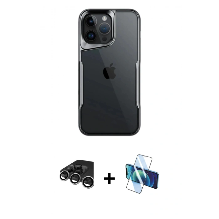 MARSİLYAN™- iPhone 15 Pro Max Kılıf Akış Çizgi Koleksiyonu - Siyah 3D Antistatik Seramik Nano Ekran Koruyucu + Gümüş Raze Metal Kamera Lens