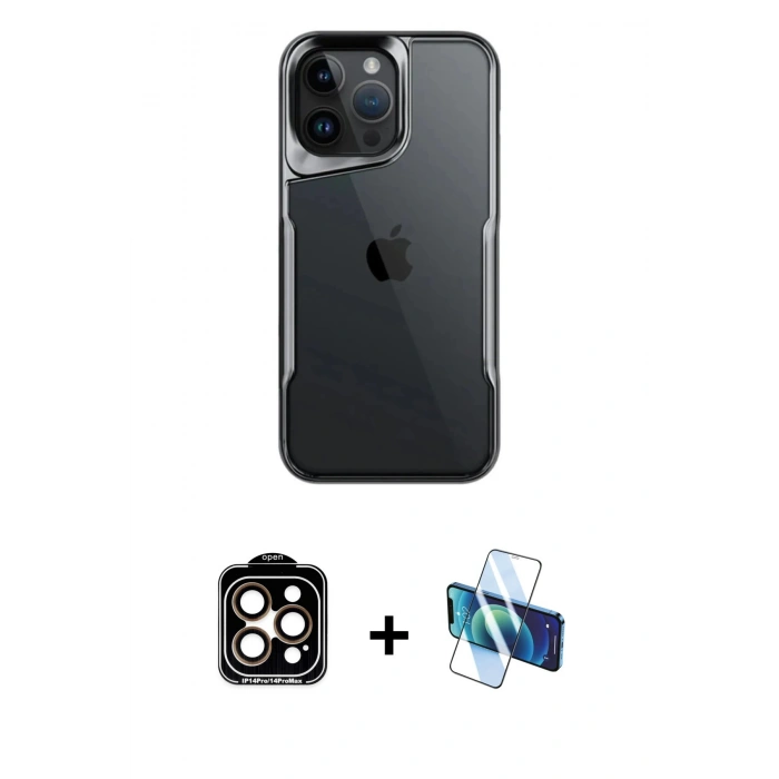 MARSİLYAN™- iPhone 15 Pro Max Kılıf Akış Çizgi Koleksiyonu - Siyah 3D Antistatik Seramik Nano Ekran Koruyucu + PVD Metal Kamera Lens - TU