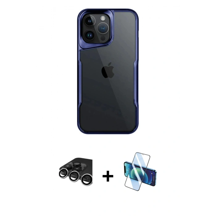 MARSİLYAN™- iPhone 15 Pro Max Kılıf Akış Çizgi Koleksiyonu - Siyah 3D Antistatik Seramik Nano Ekran Koruyucu + Gümüş Raze Metal Kamera Lens