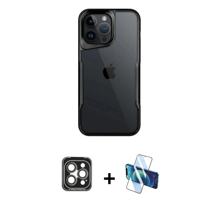 MARSİLYAN™- iPhone 15 Pro Max Kılıf Akış Çizgi Koleksiyonu - Siyah 3D Antistatik Seramik Nano Ekran Koruyucu + PVD Metal Kamera Lens - GI