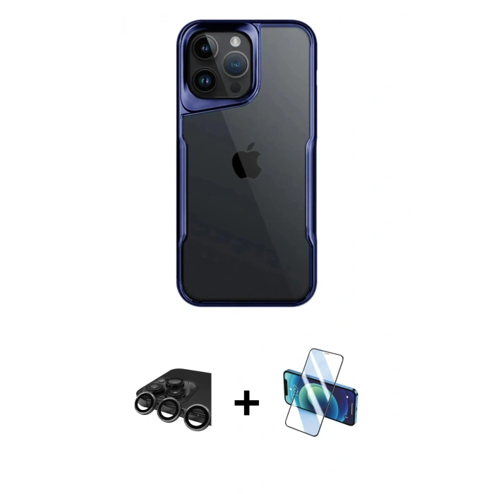 MARSİLYAN™- iPhone 15 Pro Max Kılıf Akış Çizgi Koleksiyonu - Siyah 3D Antistatik Seramik Nano Ekran Koruyucu + Raze Metal Kamera Lens - TMGI