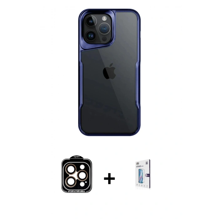 MARSİLYAN™- iPhone 15 Pro Max Kılıf Akış Çizgi Koleksiyonu - Siyah Bilvis 0.18mm Plus Cam Ekran Koruyucu + PVD Metal Kamera Lens - TU