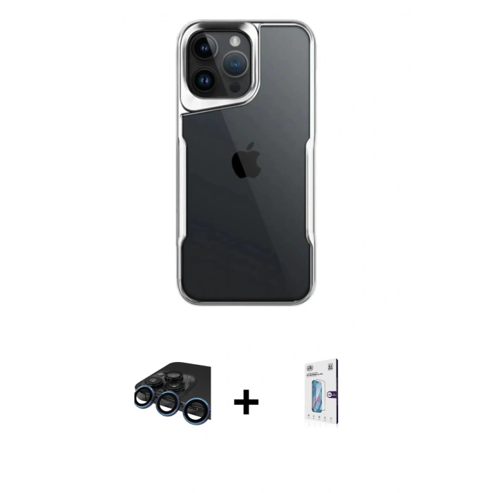 MARSİLYAN™- iPhone 15 Pro Max Kılıf Akış Çizgi Koleksiyonu - Siyah Bilvis 0.18mm Plus Cam Ekran Koruyucu + Raze Metal Kamera Lens - LT