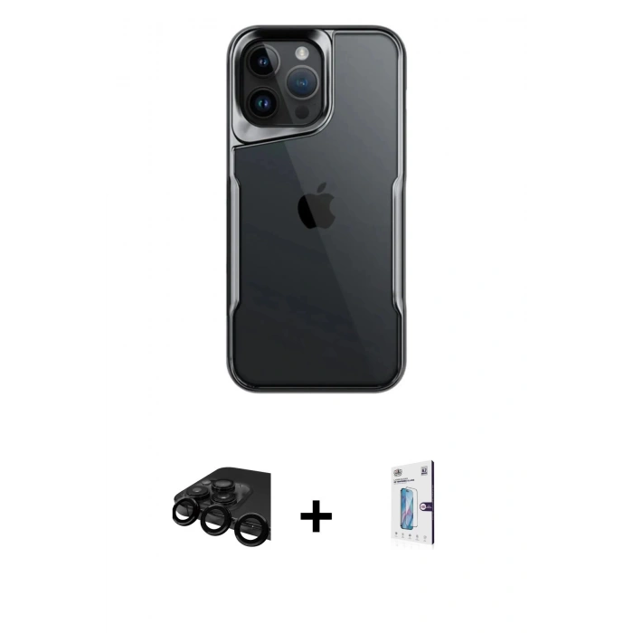 MARSİLYAN™- iPhone 15 Pro Max Kılıf Akış Çizgi Koleksiyonu - Siyah Bilvis 0.18mm Plus Cam Ekran Koruyucu + Raze Metal Kamera Lens - SH