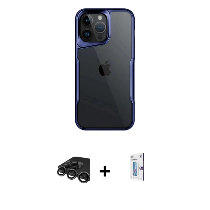 MARSİLYAN™- iPhone 15 Pro Max Kılıf Akış Çizgi Koleksiyonu - Siyah Bilvis 0.18mm Plus Cam Ekran Koruyucu + Raze Metal Kamera Lens - TMGI