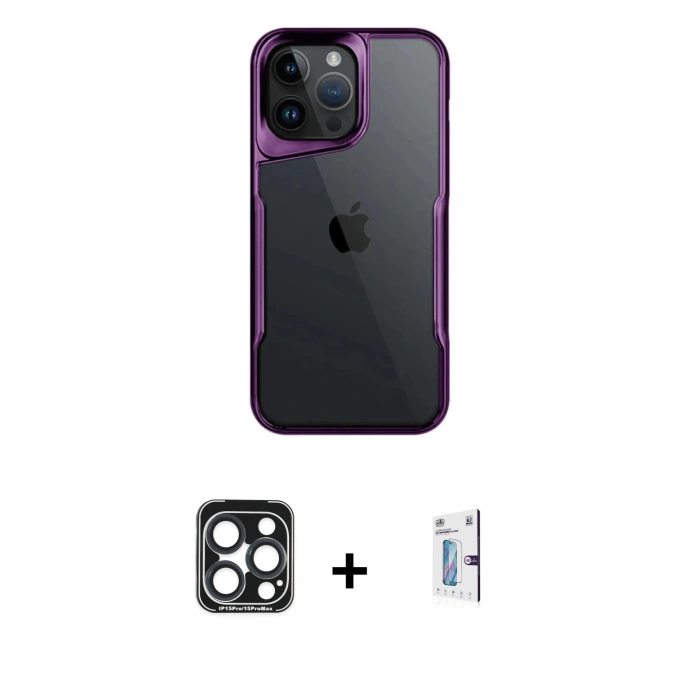 MARSİLYAN™- iPhone 15 Pro Max Kılıf Akış Çizgi Koleksiyonu - Siyah Bilvis 0.18mm Plus Cam Ekran Koruyucu + PVD Metal Kamera Lens - LT