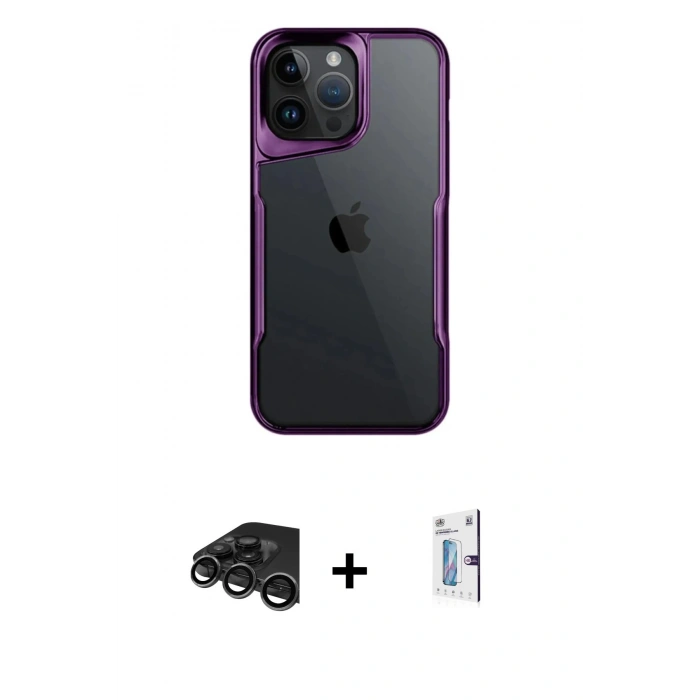 MARSİLYAN™- iPhone 15 Pro Max Kılıf Akış Çizgi Koleksiyonu - Siyah Bilvis 0.18mm Plus Cam Ekran Koruyucu + Raze Metal Kamera Lens - TMGI