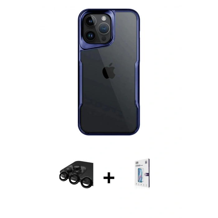 MARSİLYAN™- iPhone 15 Pro Max Kılıf Akış Çizgi Koleksiyonu - Siyah Bilvis 0.18mm Plus Cam Ekran Koruyucu + Raze Metal Kamera Lens - SH