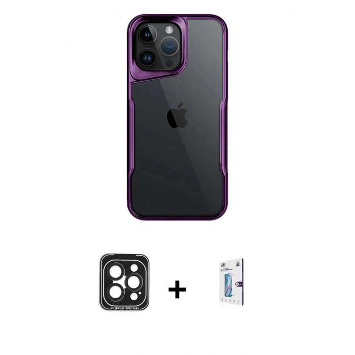 MARSİLYAN™- iPhone 15 Pro Max Kılıf Akış Çizgi Koleksiyonu - Siyah Bilvis 0.18mm Plus Cam Ekran Koruyucu + Siyah PVD Metal Kamera Lens