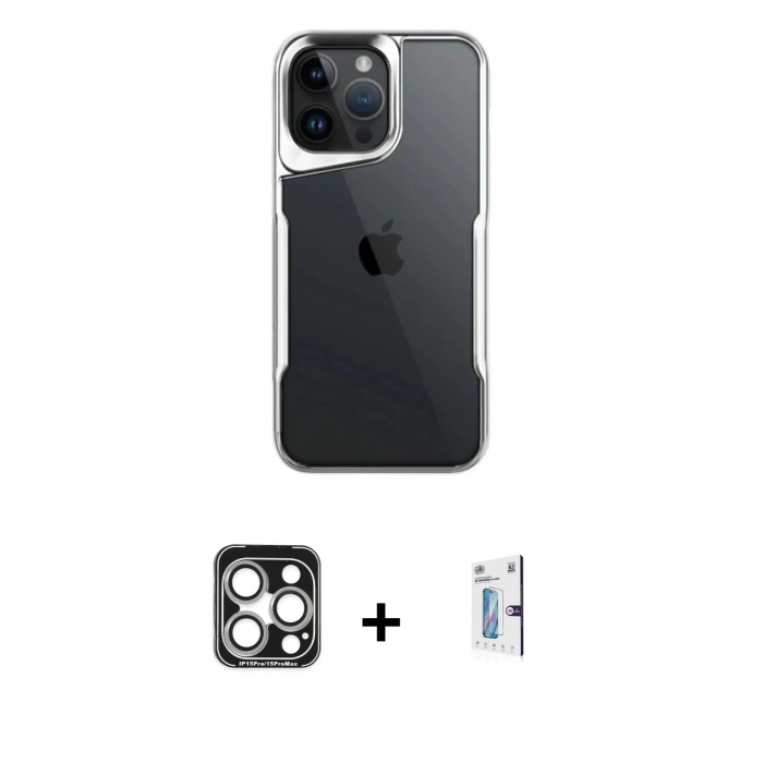 MARSİLYAN™- iPhone 15 Pro Max Kılıf Akış Çizgi Koleksiyonu - Siyah Bilvis 0.18mm Plus Cam Ekran Koruyucu + PVD Metal Kamera Lens - GS