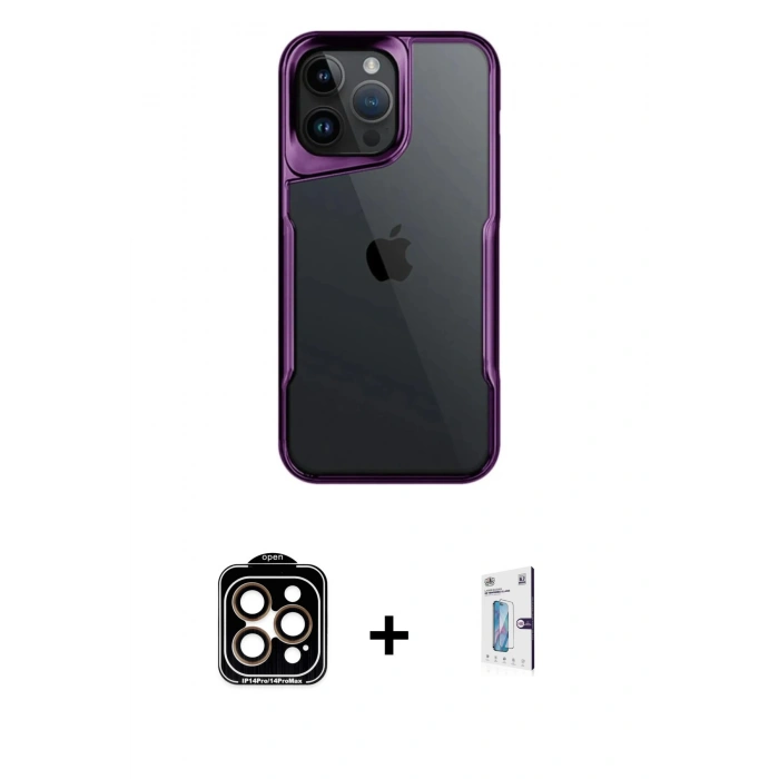 MARSİLYAN™- iPhone 15 Pro Max Kılıf Akış Çizgi Koleksiyonu - Siyah Bilvis 0.18mm Plus Cam Ekran Koruyucu + PVD Metal Kamera Lens - TU