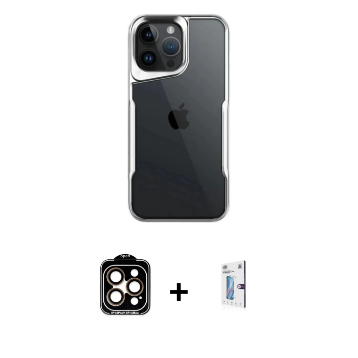 MARSİLYAN™- iPhone 15 Pro Max Kılıf Akış Çizgi Koleksiyonu - Siyah Bilvis 0.18mm Plus Cam Ekran Koruyucu + PVD Metal Kamera Lens - TU