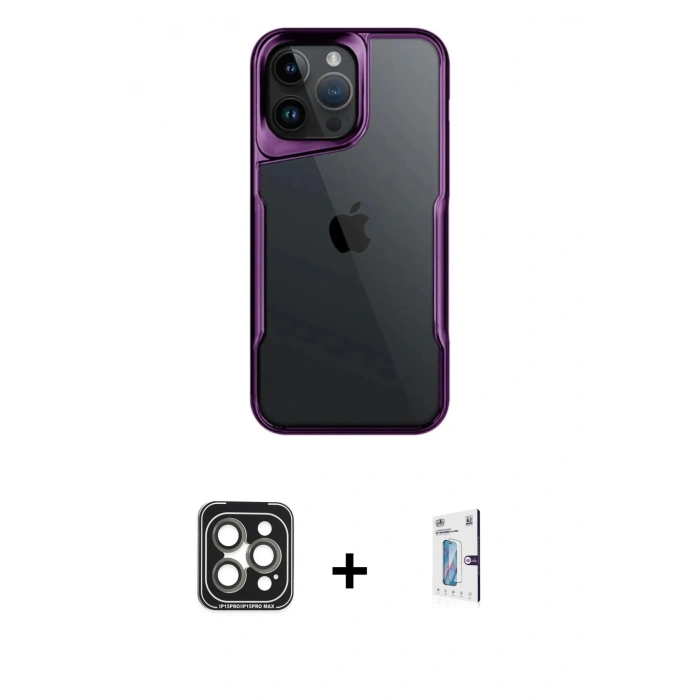 MARSİLYAN™- iPhone 15 Pro Max Kılıf Akış Çizgi Koleksiyonu - Siyah Bilvis 0.18mm Plus Cam Ekran Koruyucu + PVD Metal Kamera Lens - GI