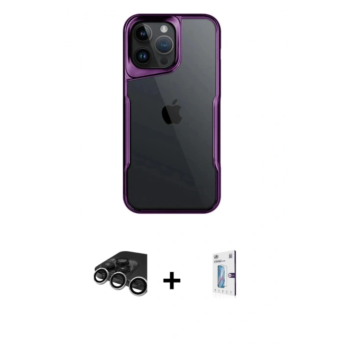 MARSİLYAN™- iPhone 15 Pro Max Kılıf Akış Çizgi Koleksiyonu - Siyah Bilvis 0.18mm Plus Cam Ekran Koruyucu + Raze Metal Kamera Lens - GS