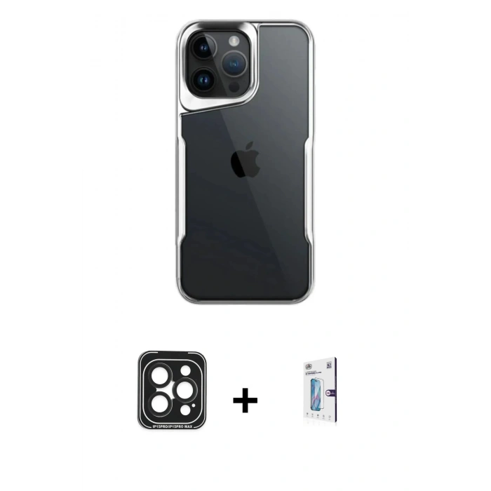 MARSİLYAN™- iPhone 15 Pro Max Kılıf Akış Çizgi Koleksiyonu - Siyah Bilvis 0.18mm Plus Cam Ekran Koruyucu + Siyah PVD Metal Kamera Lens