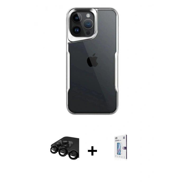 MARSİLYAN™- iPhone 15 Pro Max Kılıf Akış Çizgi Koleksiyonu - Siyah Bilvis 0.18mm Plus Cam Ekran Koruyucu + Raze Metal Kamera Lens - SH