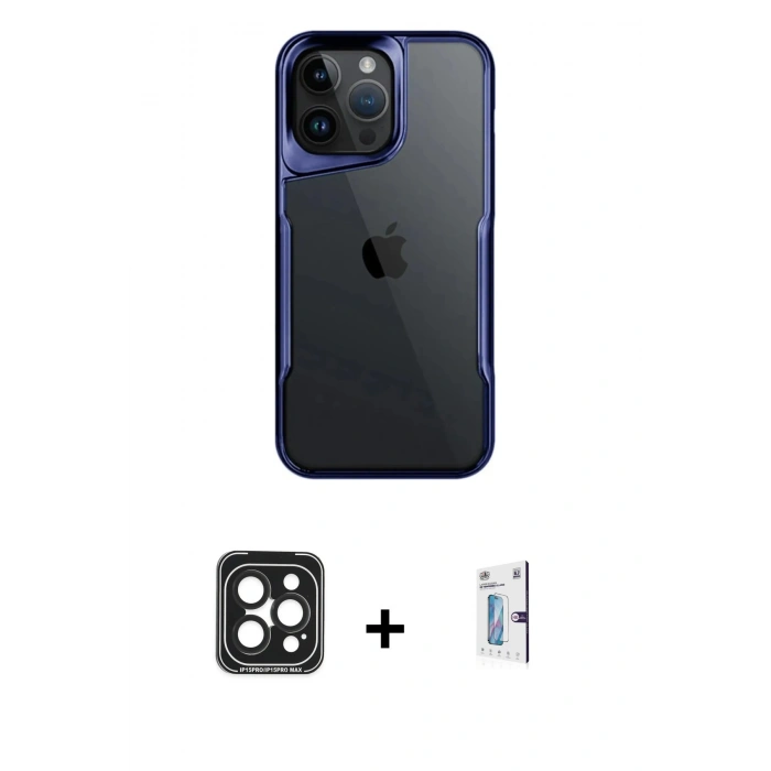 MARSİLYAN™- iPhone 15 Pro Max Kılıf Akış Çizgi Koleksiyonu - Siyah Bilvis 0.18mm Plus Cam Ekran Koruyucu + Siyah PVD Metal Kamera Lens