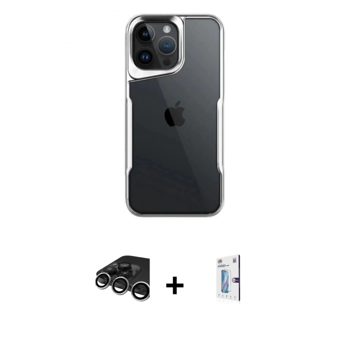 MARSİLYAN™- iPhone 15 Pro Max Kılıf Akış Çizgi Koleksiyonu - Siyah Bilvis 0.18mm Plus Cam Ekran Koruyucu + Raze Metal Kamera Lens - GS