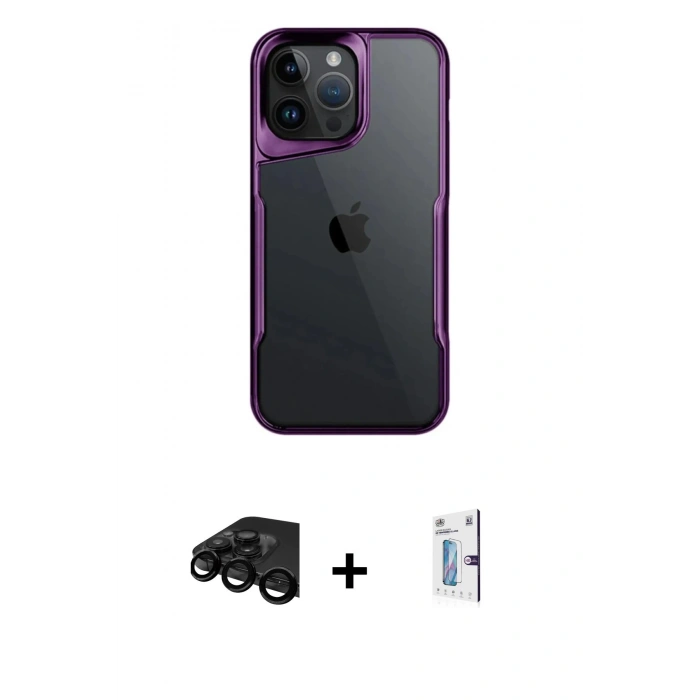 MARSİLYAN™- iPhone 15 Pro Max Kılıf Akış Çizgi Koleksiyonu - Siyah Bilvis 0.18mm Plus Cam Ekran Koruyucu + Raze Metal Kamera Lens - SH