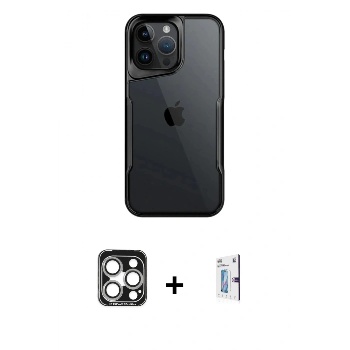MARSİLYAN™- iPhone 15 Pro Max Kılıf Akış Çizgi Koleksiyonu - Siyah Bilvis 0.18mm Plus Cam Ekran Koruyucu + PVD Metal Kamera Lens - GS