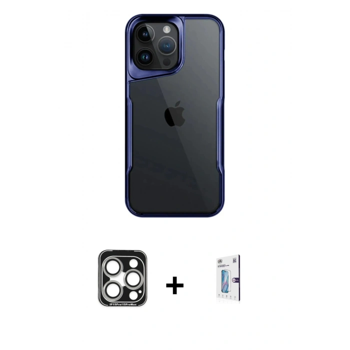 MARSİLYAN™- iPhone 15 Pro Max Kılıf Akış Çizgi Koleksiyonu - Siyah Bilvis 0.18mm Plus Cam Ekran Koruyucu + PVD Metal Kamera Lens - GS