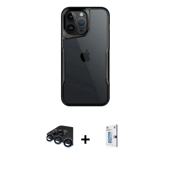 MARSİLYAN™- iPhone 15 Pro Max Kılıf Akış Çizgi Koleksiyonu - Siyah Bilvis 0.18mm Plus Cam Ekran Koruyucu + Raze Metal Kamera Lens - LT
