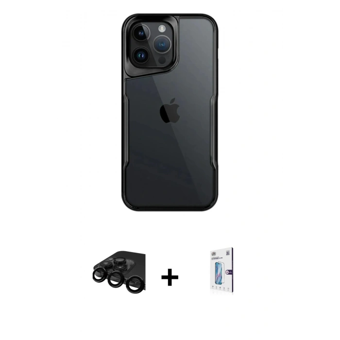 MARSİLYAN™- iPhone 15 Pro Max Kılıf Akış Çizgi Koleksiyonu - Siyah Bilvis 0.18mm Plus Cam Ekran Koruyucu + Raze Metal Kamera Lens - SH