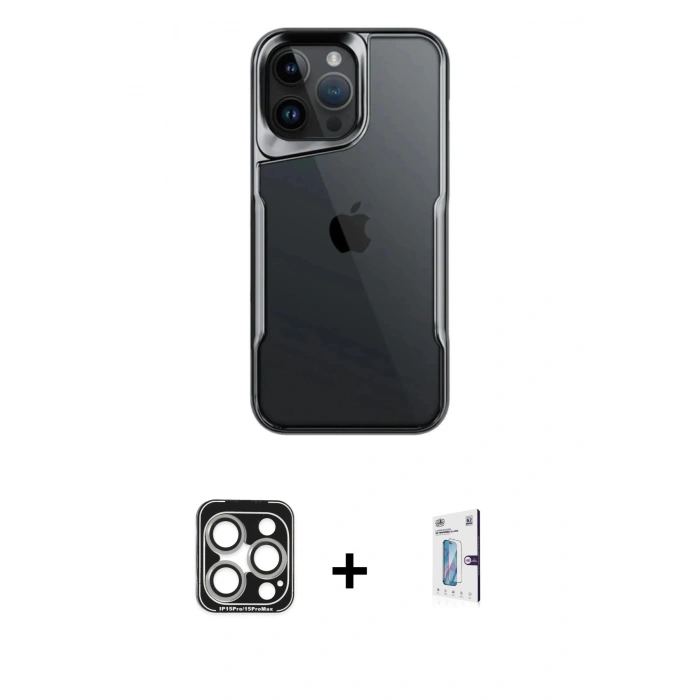 MARSİLYAN™- iPhone 15 Pro Max Kılıf Akış Çizgi Koleksiyonu - Siyah Bilvis 0.18mm Plus Cam Ekran Koruyucu + PVD Metal Kamera Lens - GS