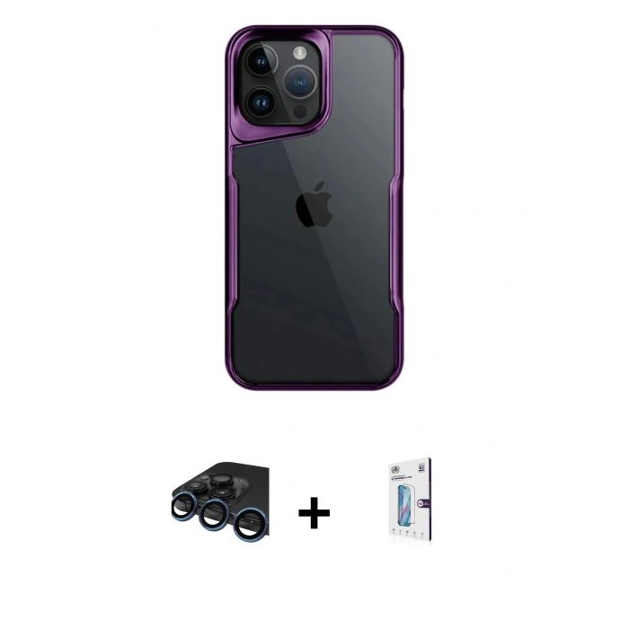 MARSİLYAN™- iPhone 15 Pro Max Kılıf Akış Çizgi Koleksiyonu - Siyah Bilvis 0.18mm Plus Cam Ekran Koruyucu + Raze Metal Kamera Lens - LT