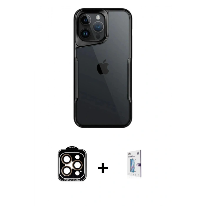 MARSİLYAN™- iPhone 15 Pro Max Kılıf Akış Çizgi Koleksiyonu - Siyah Bilvis 0.18mm Plus Cam Ekran Koruyucu + PVD Metal Kamera Lens - TU