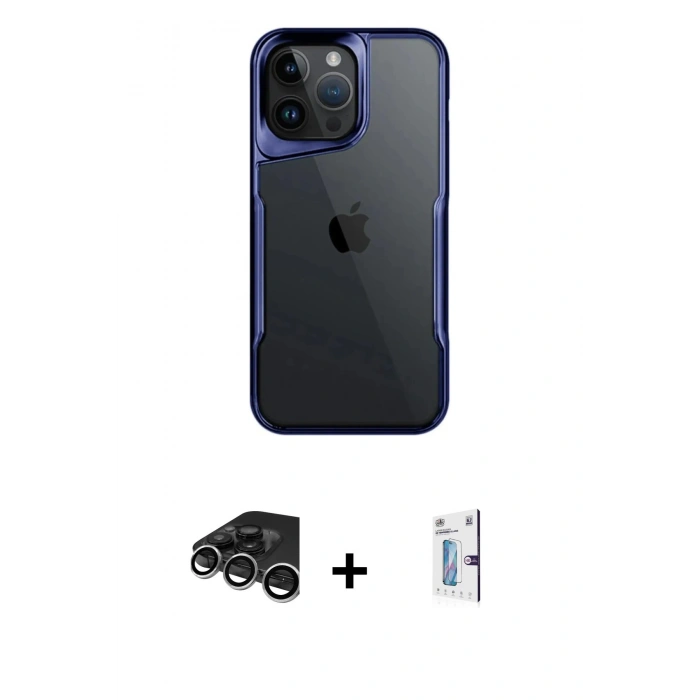 MARSİLYAN™- iPhone 15 Pro Max Kılıf Akış Çizgi Koleksiyonu - Siyah Bilvis 0.18mm Plus Cam Ekran Koruyucu + Raze Metal Kamera Lens - GS