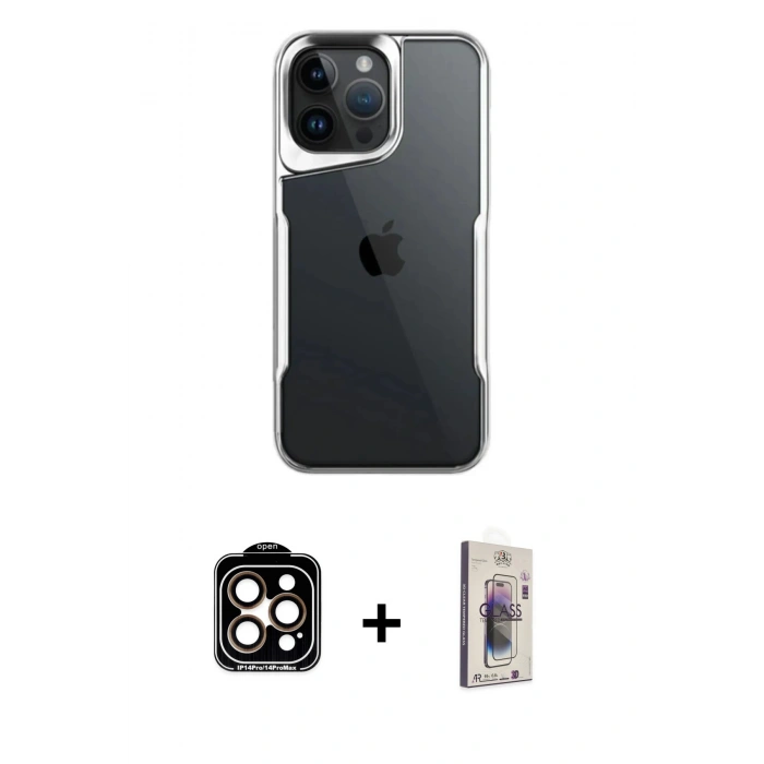 MARSİLYAN™- iPhone 15 Pro Max Kılıf Akış Çizgi Koleksiyonu - Siyah Bilvis 3D Cam Ekran Koruyucu + PVD Metal Kamera Lens - TU
