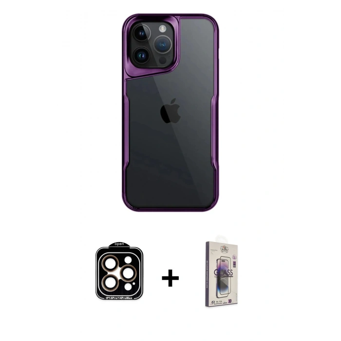 MARSİLYAN™- iPhone 15 Pro Max Kılıf Akış Çizgi Koleksiyonu - Siyah Bilvis 3D Cam Ekran Koruyucu + PVD Metal Kamera Lens - TU
