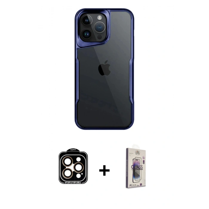 MARSİLYAN™- iPhone 15 Pro Max Kılıf Akış Çizgi Koleksiyonu - Siyah Bilvis 3D Cam Ekran Koruyucu + PVD Metal Kamera Lens - TU