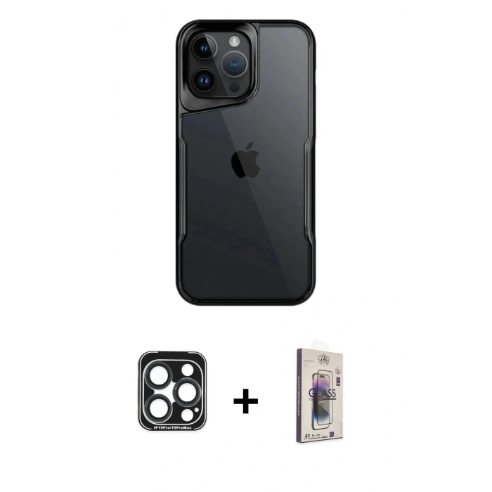 MARSİLYAN™- iPhone 15 Pro Max Kılıf Akış Çizgi Koleksiyonu - Siyah Bilvis 3D Cam Ekran Koruyucu + PVD Metal Kamera Lens - LT