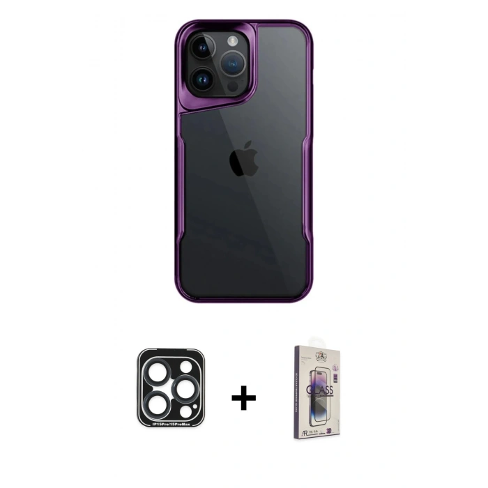 MARSİLYAN™- iPhone 15 Pro Max Kılıf Akış Çizgi Koleksiyonu - Siyah Bilvis 3D Cam Ekran Koruyucu + PVD Metal Kamera Lens - LT