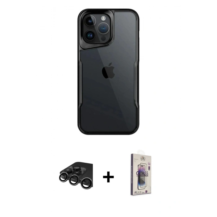 MARSİLYAN™- iPhone 15 Pro Max Kılıf Akış Çizgi Koleksiyonu - Siyah Bilvis 3D Cam Ekran Koruyucu + Raze Metal Kamera Lens - TMGI