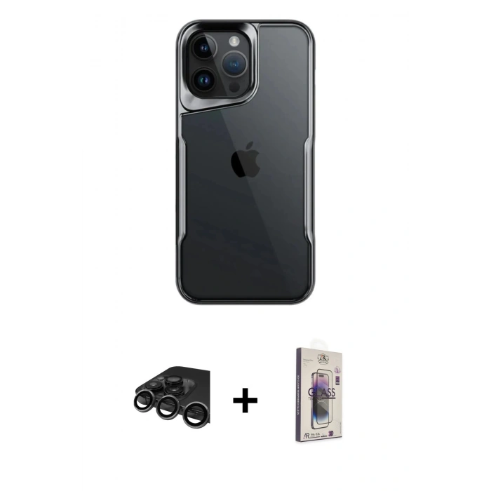 MARSİLYAN™- iPhone 15 Pro Max Kılıf Akış Çizgi Koleksiyonu - Siyah Bilvis 3D Cam Ekran Koruyucu + Raze Metal Kamera Lens - TMGI