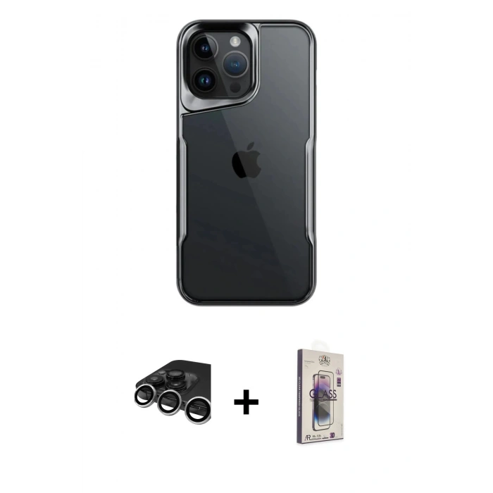 MARSİLYAN™- iPhone 15 Pro Max Kılıf Akış Çizgi Koleksiyonu - Siyah Bilvis 3D Cam Ekran Koruyucu + Raze Metal Kamera Lens - GS