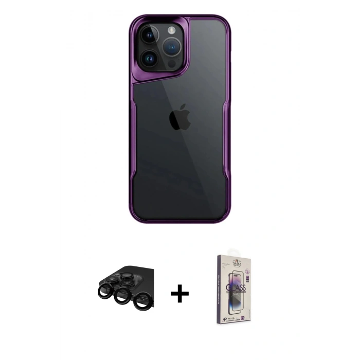MARSİLYAN™- iPhone 15 Pro Max Kılıf Akış Çizgi Koleksiyonu - Siyah Bilvis 3D Cam Ekran Koruyucu + Raze Metal Kamera Lens - SH