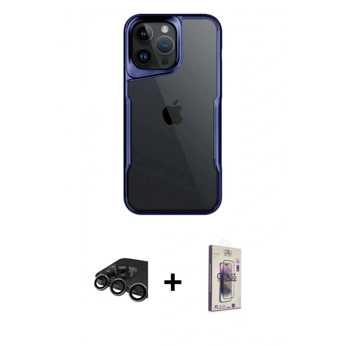 MARSİLYAN™- iPhone 15 Pro Max Kılıf Akış Çizgi Koleksiyonu - Siyah Bilvis 3D Cam Ekran Koruyucu + Raze Metal Kamera Lens - TMGI