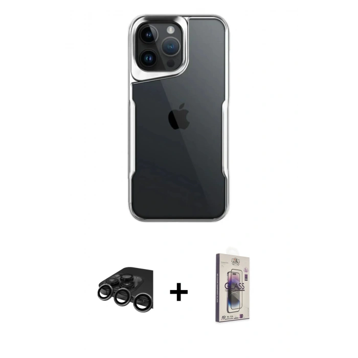 MARSİLYAN™- iPhone 15 Pro Max Kılıf Akış Çizgi Koleksiyonu - Siyah Bilvis 3D Cam Ekran Koruyucu + Raze Metal Kamera Lens - TMGI