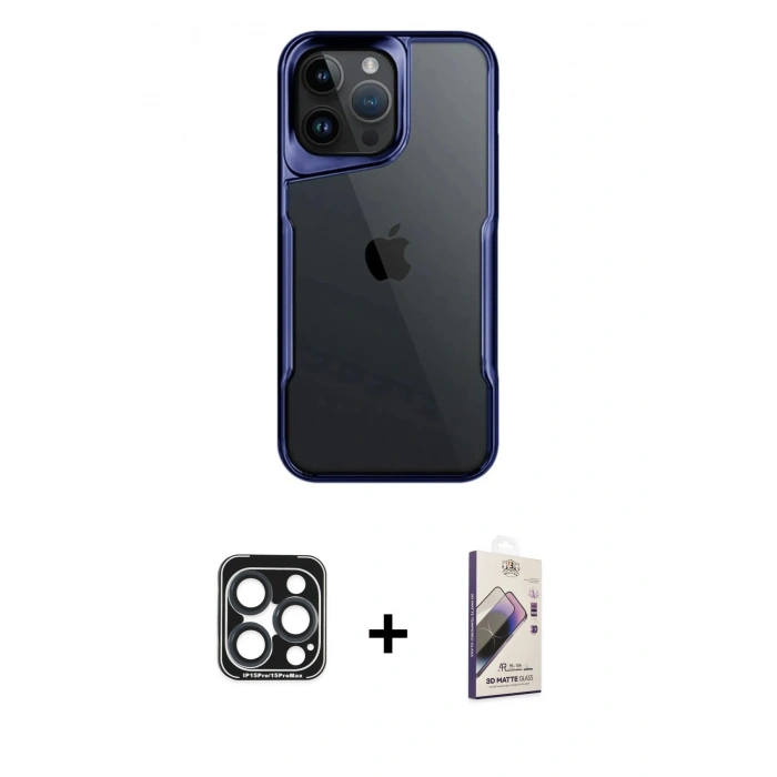 MARSİLYAN™- iPhone 15 Pro Max Kılıf Akış Çizgi Koleksiyonu - Siyah Bilvis 3D Mat Cam Ekran Koruyucu + PVD Metal Kamera Lens - LT