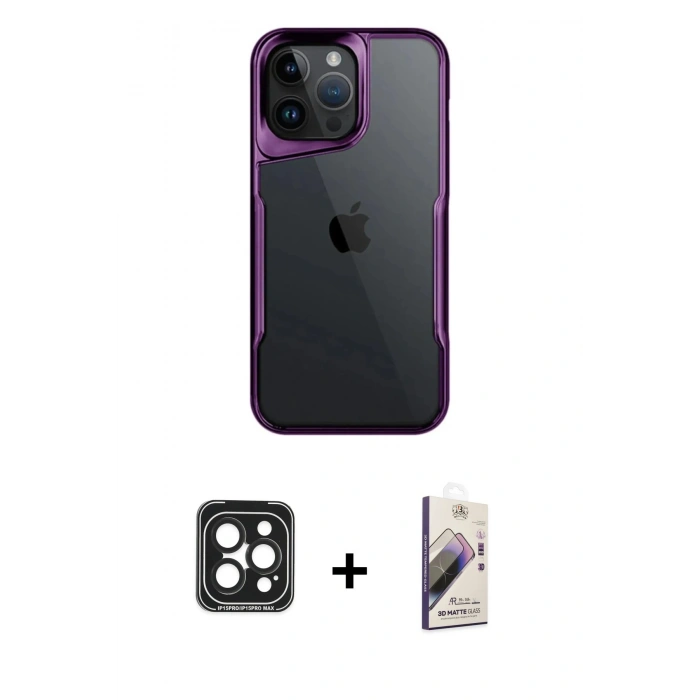 MARSİLYAN™- iPhone 15 Pro Max Kılıf Akış Çizgi Koleksiyonu - Siyah Bilvis 3D Mat Cam Ekran Koruyucu + PVD Metal Kamera Lens - SH