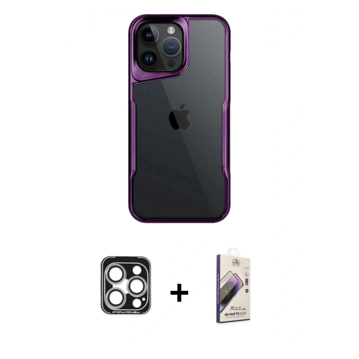 MARSİLYAN™- iPhone 15 Pro Max Kılıf Akış Çizgi Koleksiyonu - Siyah Bilvis 3D Mat Cam Ekran Koruyucu + PVD Metal Kamera Lens - GS