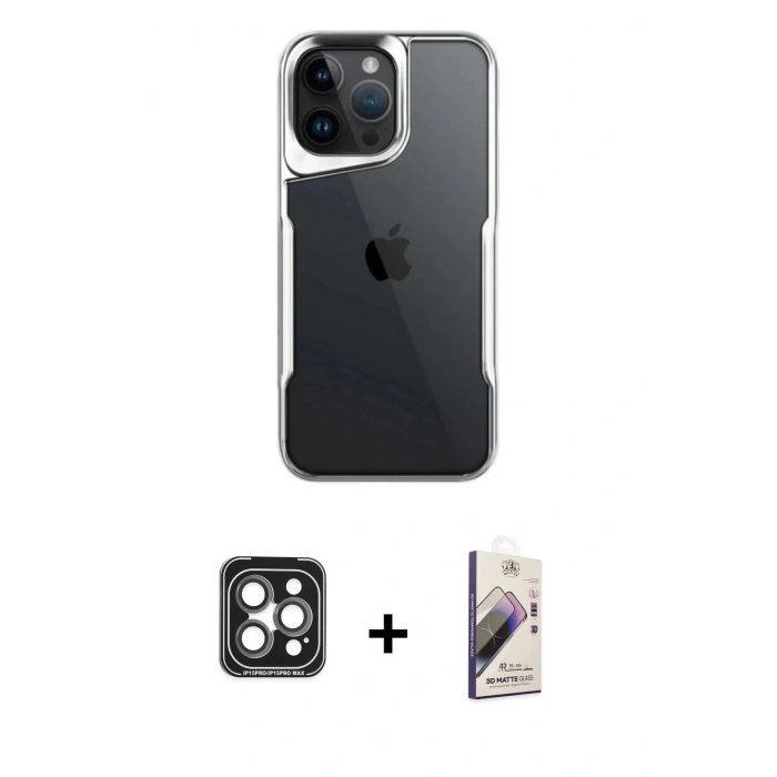 MARSİLYAN™- iPhone 15 Pro Max Kılıf Akış Çizgi Koleksiyonu - Siyah Bilvis 3D Mat Cam Ekran Koruyucu + PVD Metal Kamera Lens - GI